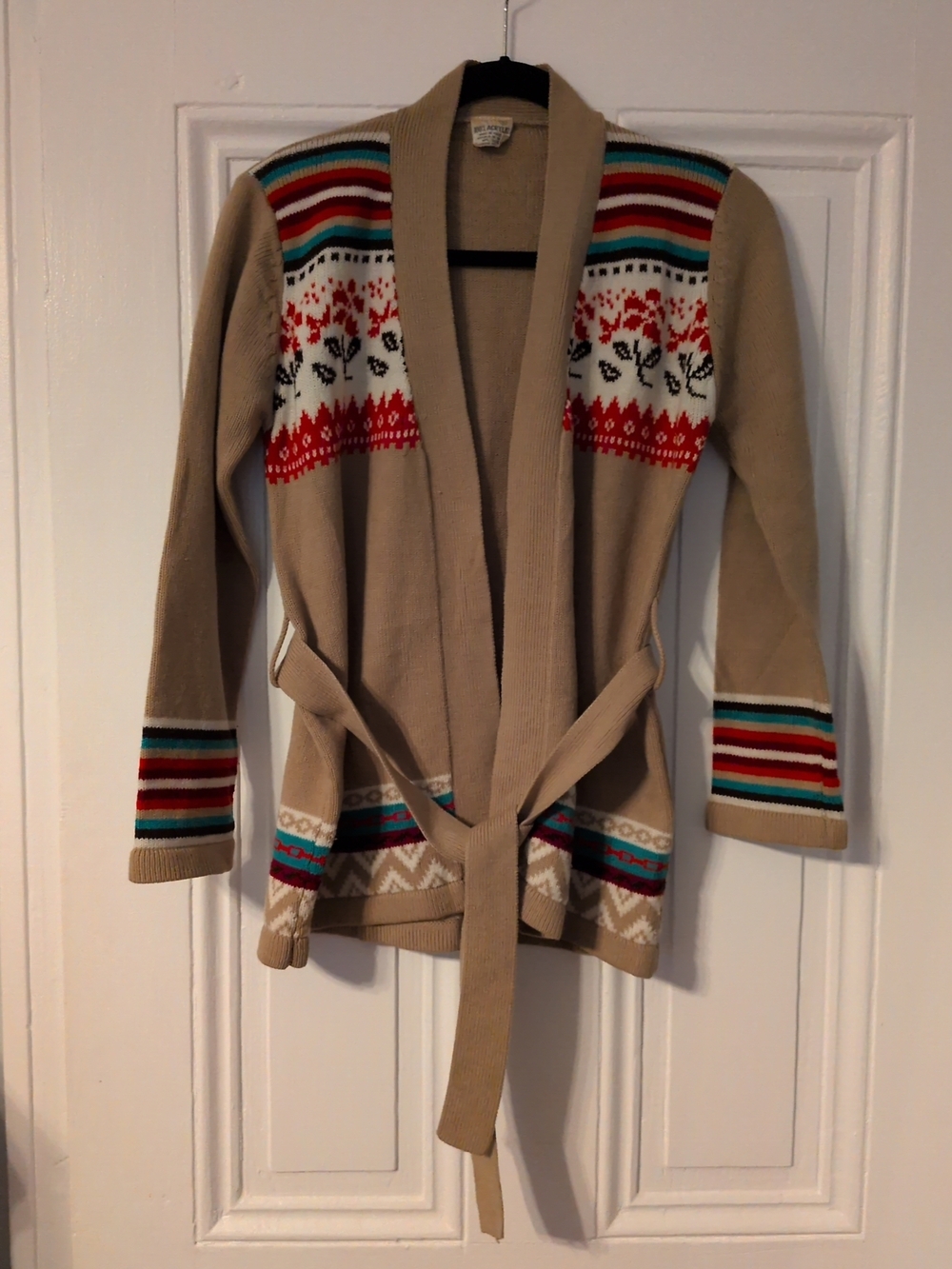 Beige Fair Isle Belted Cardigan Sweater - Women